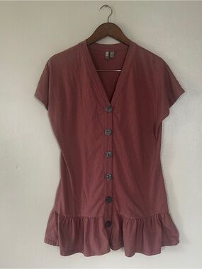 ASOS Rust Button Front Ruffle Hem Mini Dress US 4 Short Sleeve V Neck